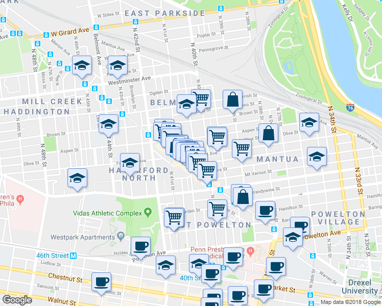 map of restaurants, bars, coffee shops, grocery stores, and more near 4040 Lancaster Avenue in Philadelphia