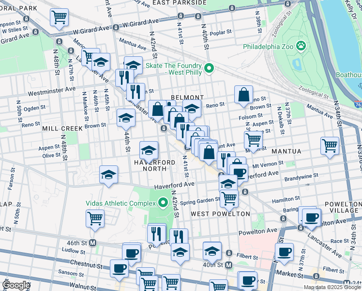 map of restaurants, bars, coffee shops, grocery stores, and more near 4085 Warren Street in Philadelphia