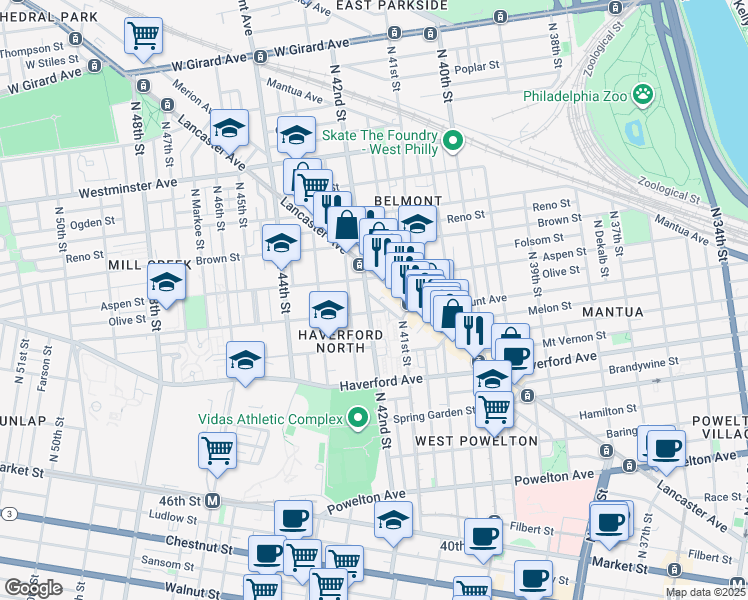 map of restaurants, bars, coffee shops, grocery stores, and more near 673 North 42nd Street in Philadelphia