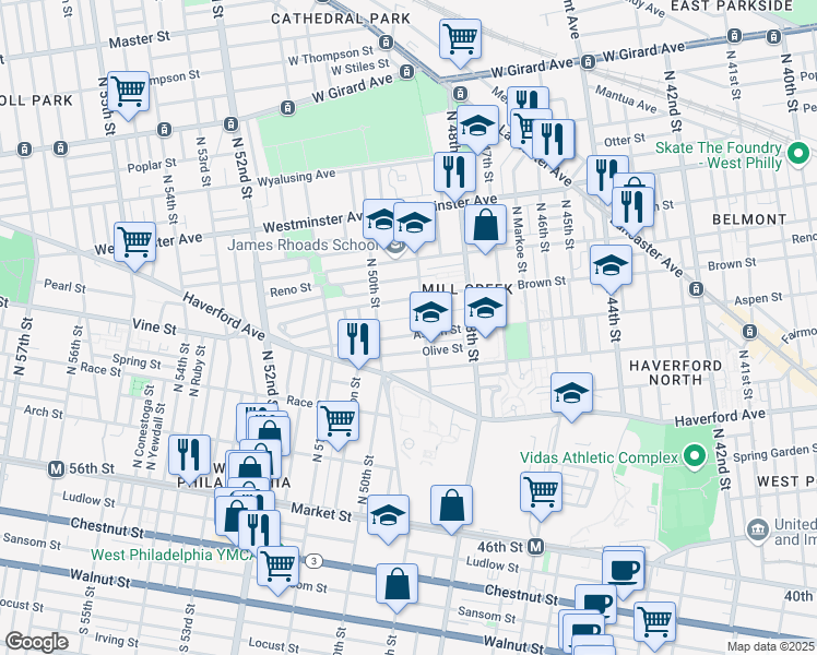 map of restaurants, bars, coffee shops, grocery stores, and more near 4921 Olive Street in Philadelphia