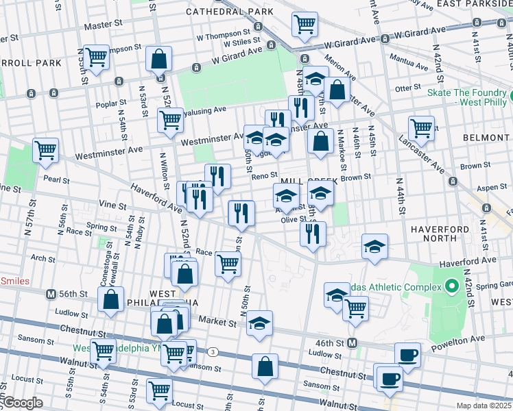 map of restaurants, bars, coffee shops, grocery stores, and more near 400 North 50th Street in Philadelphia