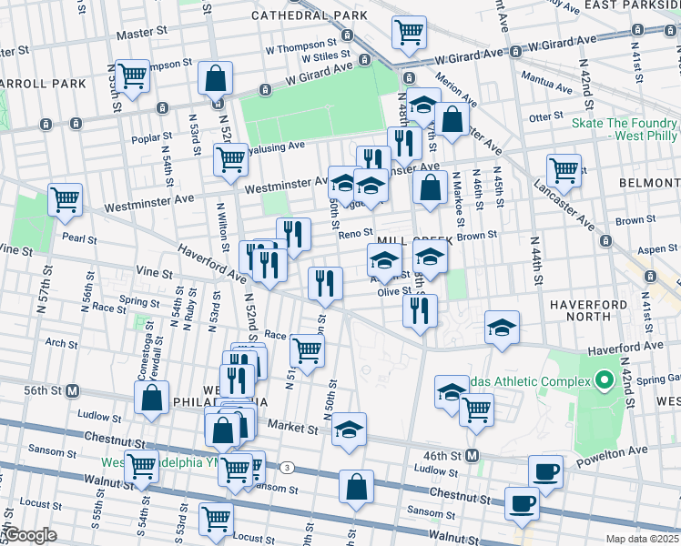map of restaurants, bars, coffee shops, grocery stores, and more near 400 North 50th Street in Philadelphia
