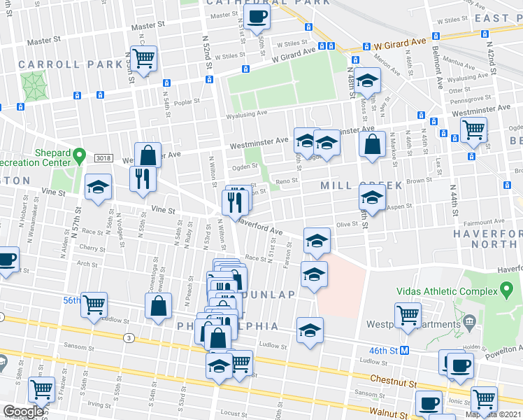 map of restaurants, bars, coffee shops, grocery stores, and more near 5156 Haverford Avenue in Philadelphia