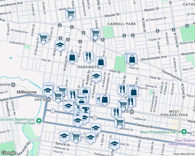 map of restaurants, bars, coffee shops, grocery stores, and more near 5900 Race Street in Philadelphia