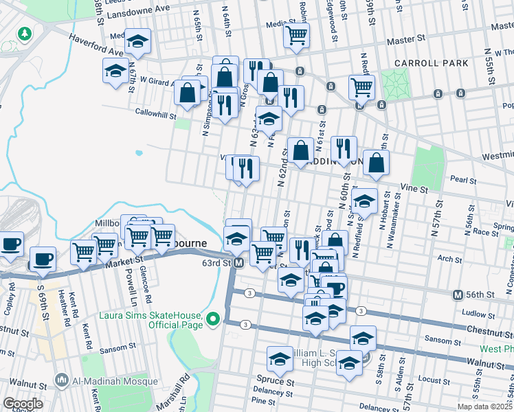 map of restaurants, bars, coffee shops, grocery stores, and more near 107 North 63rd Street in Philadelphia
