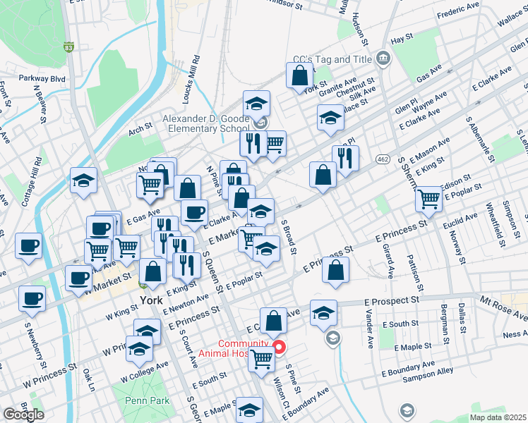 map of restaurants, bars, coffee shops, grocery stores, and more near 332 Lincoln Highway in York