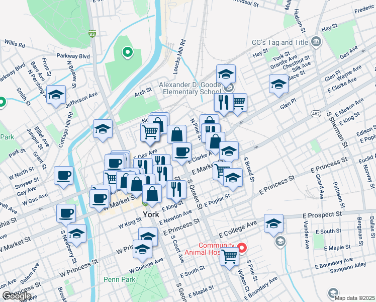 map of restaurants, bars, coffee shops, grocery stores, and more near 219 East Clarke Avenue in York