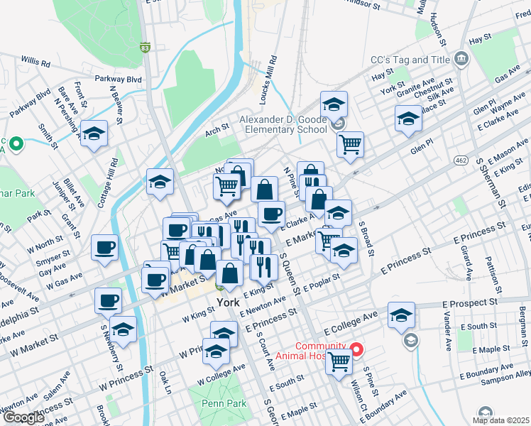 map of restaurants, bars, coffee shops, grocery stores, and more near 142 East Philadelphia Street in York