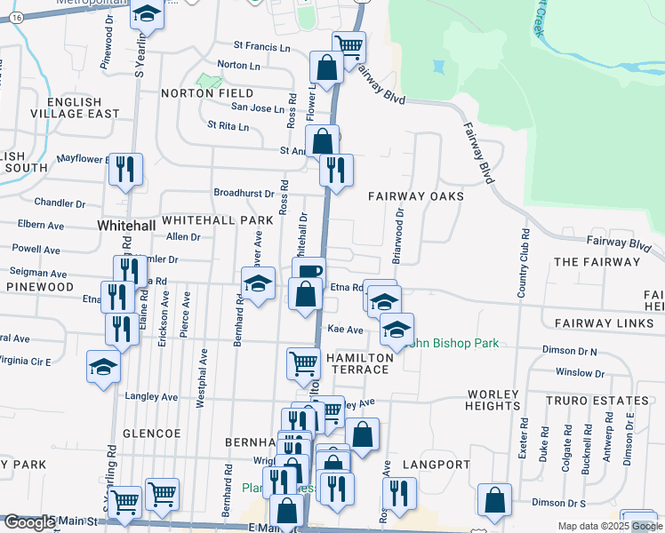 map of restaurants, bars, coffee shops, grocery stores, and more near 526 South Hamilton Road in Columbus