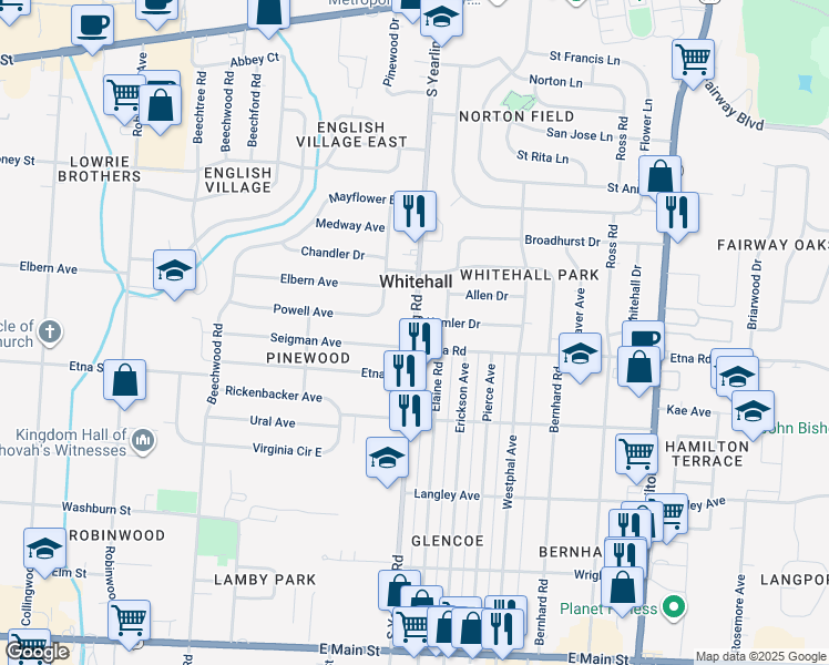 map of restaurants, bars, coffee shops, grocery stores, and more near 478 South Yearling Road in Whitehall