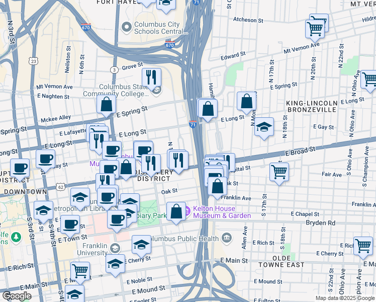 map of restaurants, bars, coffee shops, grocery stores, and more near 600 East Broad Street in Columbus
