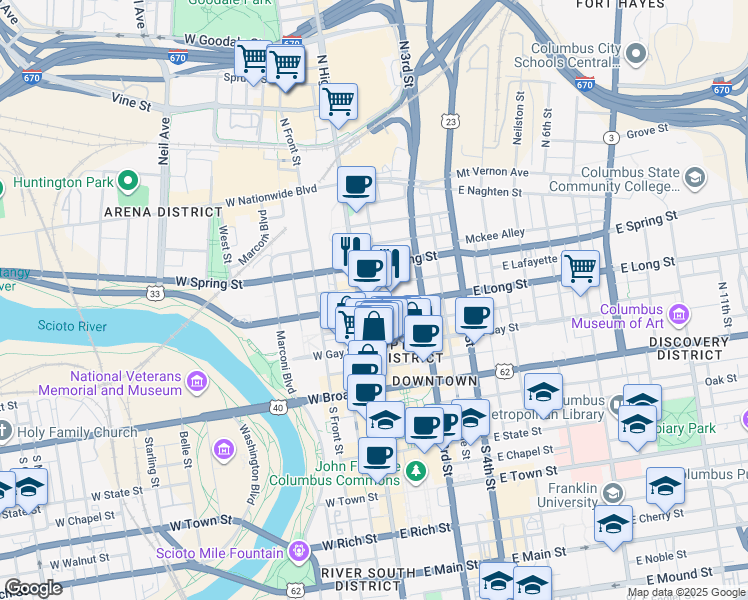 map of restaurants, bars, coffee shops, grocery stores, and more near in Columbus