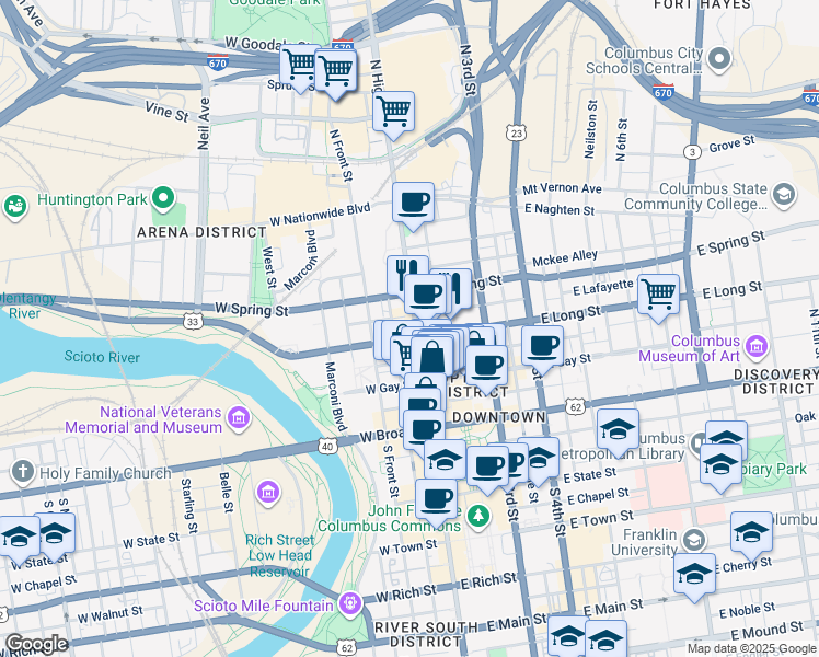 map of restaurants, bars, coffee shops, grocery stores, and more near in Columbus