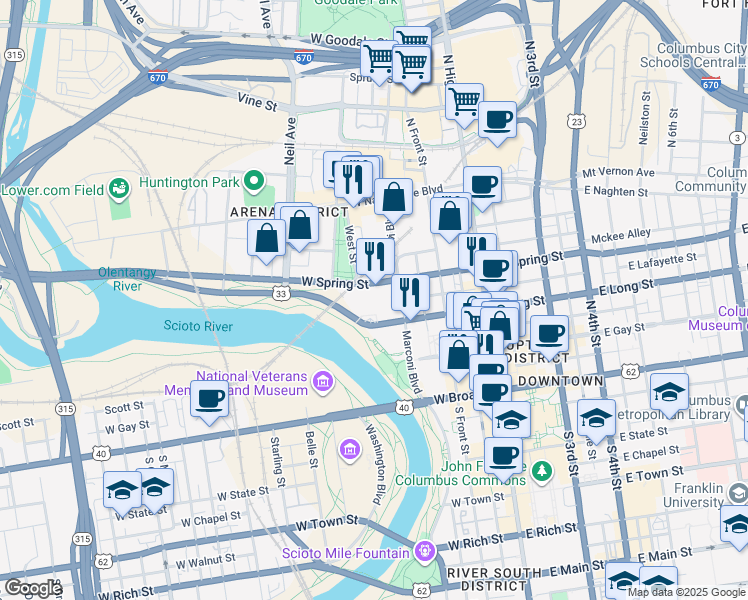 map of restaurants, bars, coffee shops, grocery stores, and more near 1 Riverside Plaza in Columbus