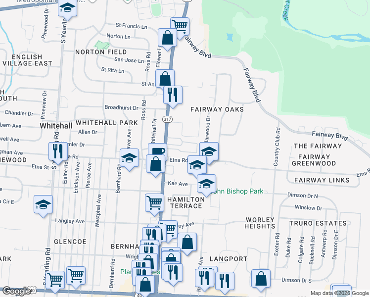 map of restaurants, bars, coffee shops, grocery stores, and more near 510 South Hamilton Road in Whitehall