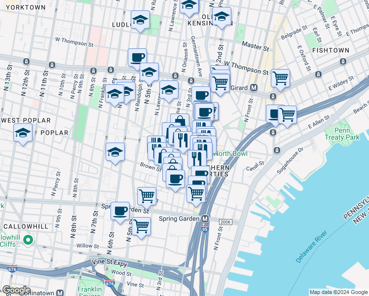 map of restaurants, bars, coffee shops, grocery stores, and more near 909 North 3rd Street in Philadelphia