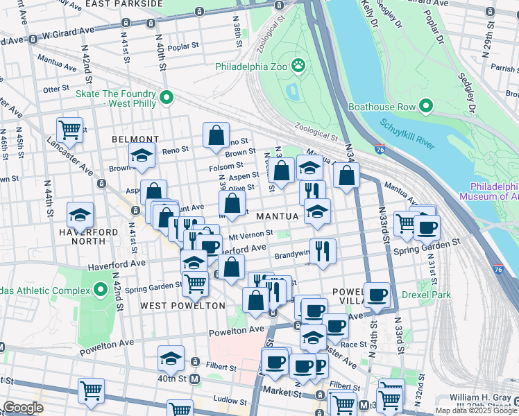 map of restaurants, bars, coffee shops, grocery stores, and more near 654 North 38th Street in Philadelphia