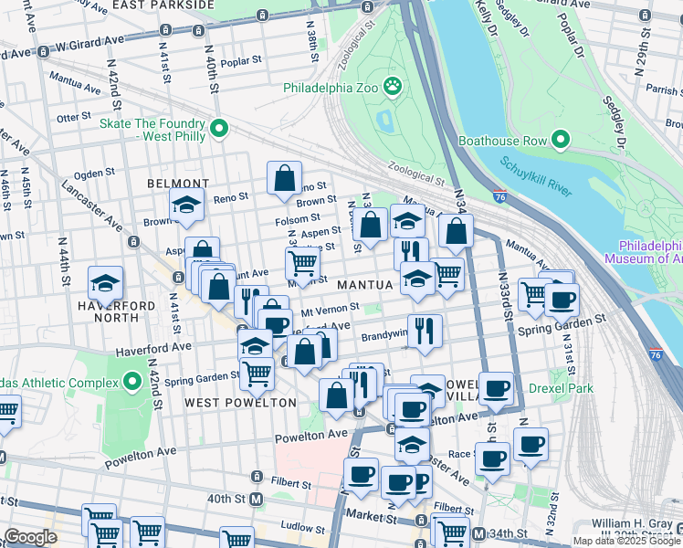 map of restaurants, bars, coffee shops, grocery stores, and more near 654 North 38th Street in Philadelphia