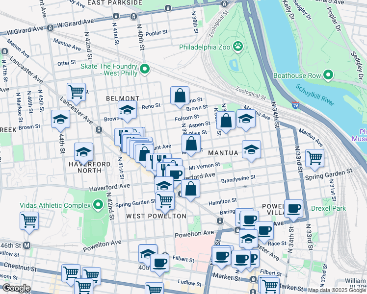 map of restaurants, bars, coffee shops, grocery stores, and more near 674 North 39th Street in Philadelphia