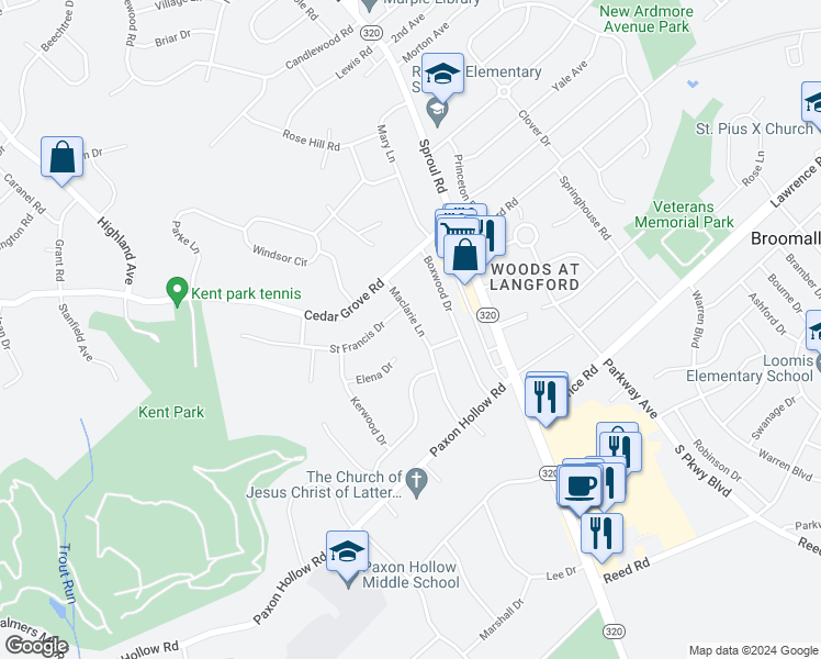 map of restaurants, bars, coffee shops, grocery stores, and more near 2132 Maclarie Lane in Broomall