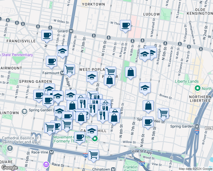 map of restaurants, bars, coffee shops, grocery stores, and more near 1022 Fairmount Avenue in Philadelphia