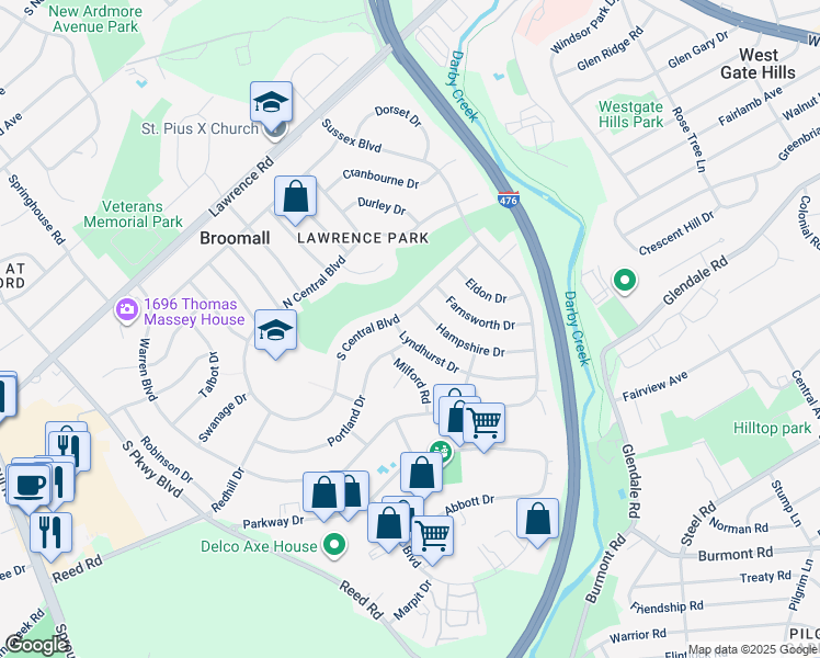 map of restaurants, bars, coffee shops, grocery stores, and more near 403 Lyndhurst Drive in Broomall