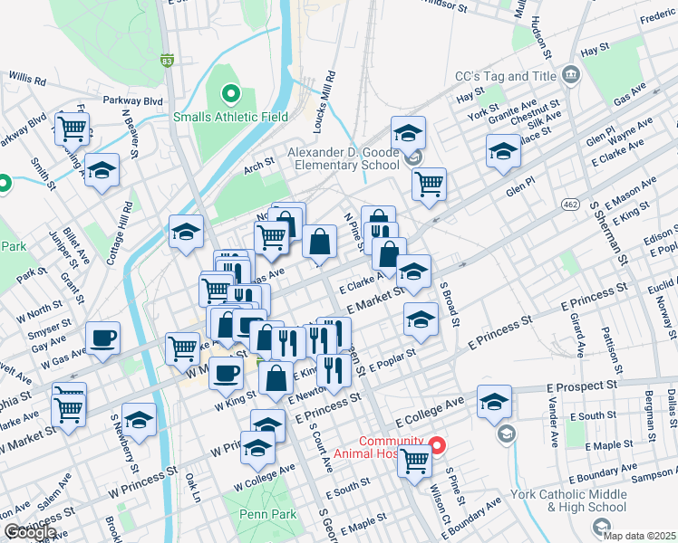 map of restaurants, bars, coffee shops, grocery stores, and more near 220 East Philadelphia Street in York