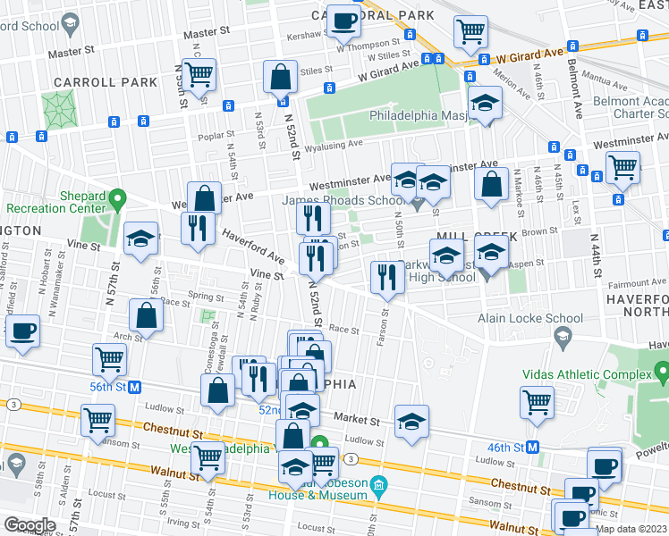 map of restaurants, bars, coffee shops, grocery stores, and more near 5142 Brown Street in Philadelphia