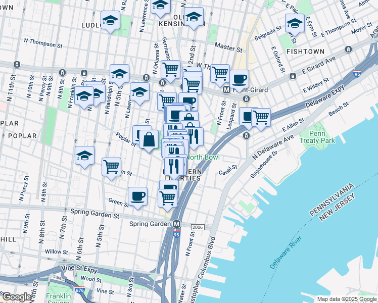 map of restaurants, bars, coffee shops, grocery stores, and more near 145 West Laurel Street in Philadelphia