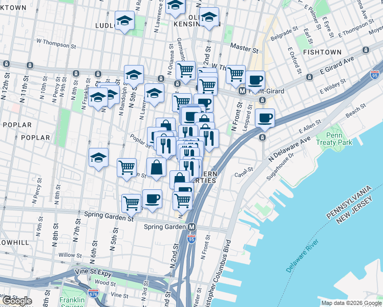 map of restaurants, bars, coffee shops, grocery stores, and more near 941 North 2nd Street in Philadelphia