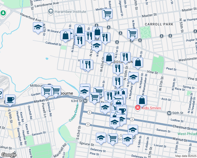 map of restaurants, bars, coffee shops, grocery stores, and more near 152 North 62nd Street in Philadelphia