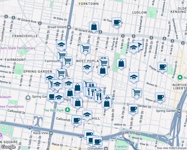 map of restaurants, bars, coffee shops, grocery stores, and more near 673 North 11th Street in Philadelphia