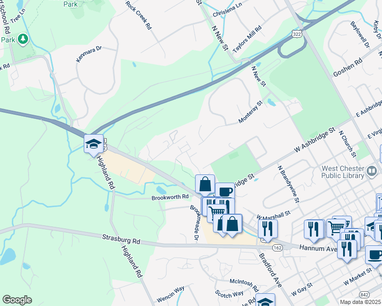 map of restaurants, bars, coffee shops, grocery stores, and more near 735 McCardle Drive in West Chester