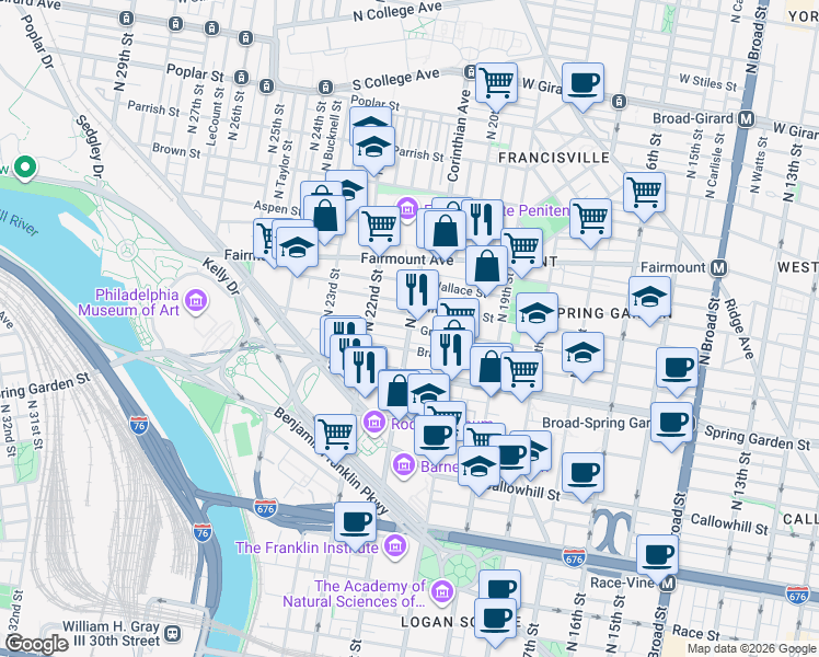 map of restaurants, bars, coffee shops, grocery stores, and more near North 21st Street & Green Street in Philadelphia