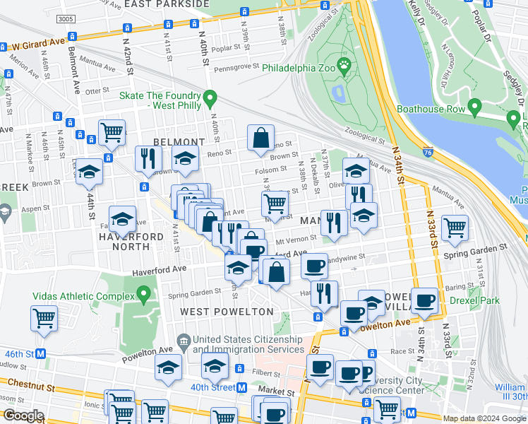 map of restaurants, bars, coffee shops, grocery stores, and more near 3900 Fairmount Avenue in Philadelphia