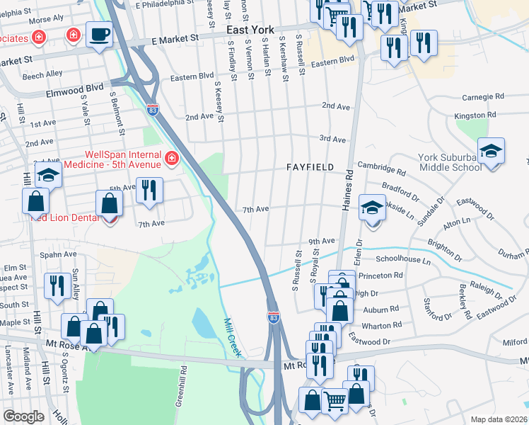 map of restaurants, bars, coffee shops, grocery stores, and more near 731 South Vernon Street in East York
