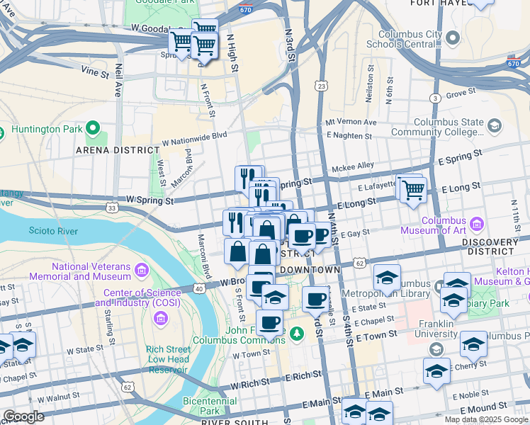 map of restaurants, bars, coffee shops, grocery stores, and more near in Columbus