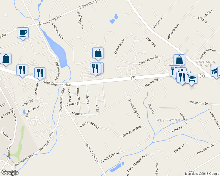 map of restaurants, bars, coffee shops, grocery stores, and more near 218 Summit House in West Chester