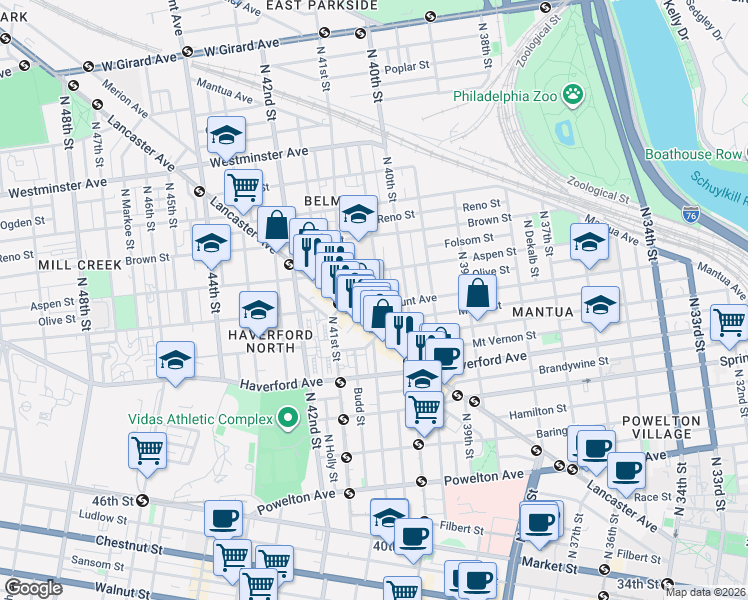 map of restaurants, bars, coffee shops, grocery stores, and more near 4040 Lancaster Avenue in Philadelphia