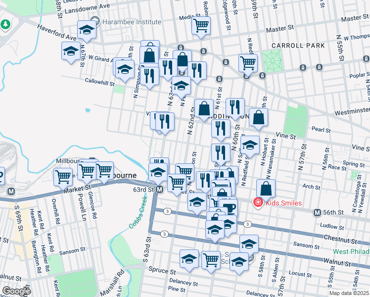 map of restaurants, bars, coffee shops, grocery stores, and more near 152 North 62nd Street in Philadelphia