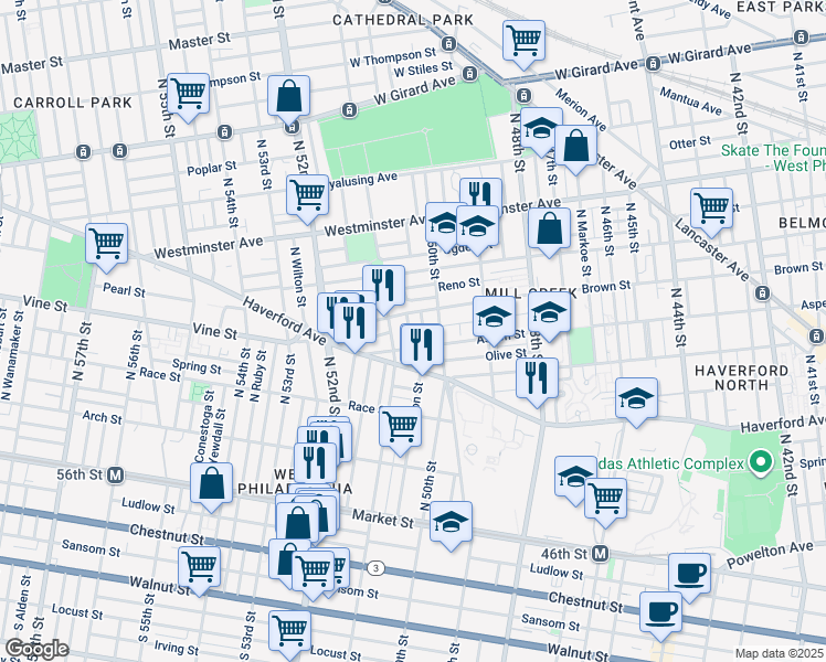 map of restaurants, bars, coffee shops, grocery stores, and more near 459 North Dearborn Street in Philadelphia