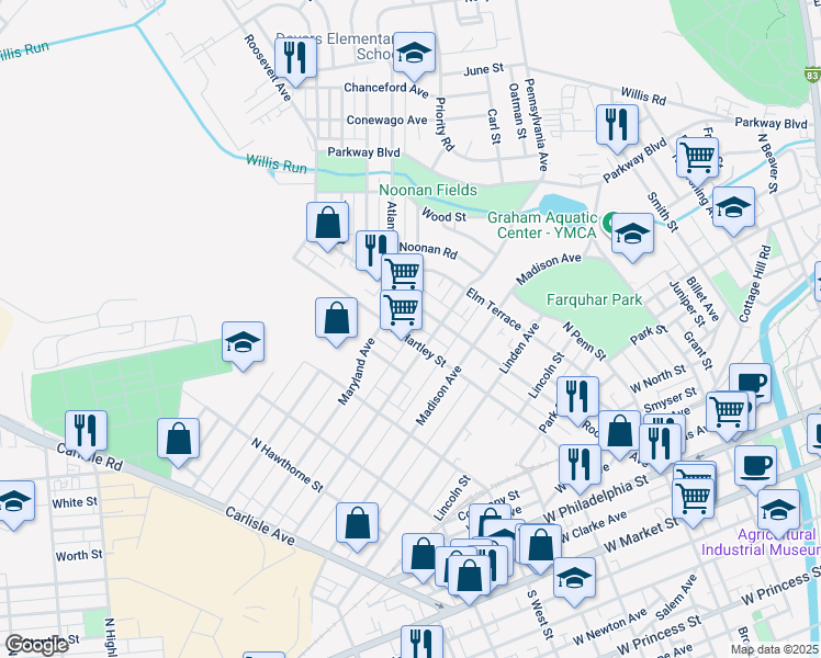 map of restaurants, bars, coffee shops, grocery stores, and more near 605 North Hartley Street in York
