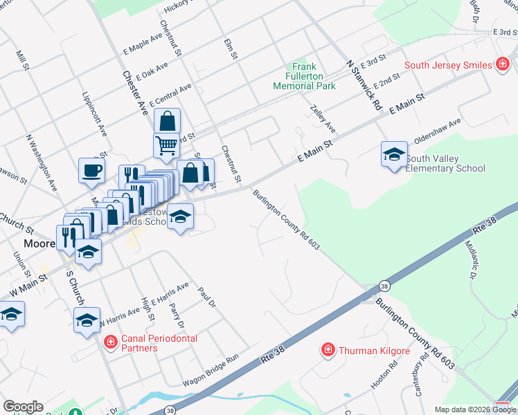 map of restaurants, bars, coffee shops, grocery stores, and more near 213 Laurence Court in Moorestown