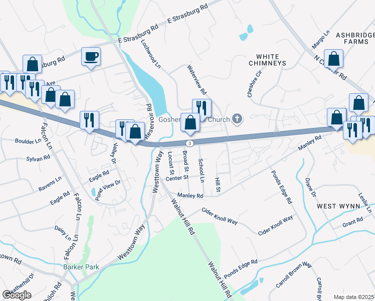 map of restaurants, bars, coffee shops, grocery stores, and more near 1414 Old West Chester Pike in West Chester