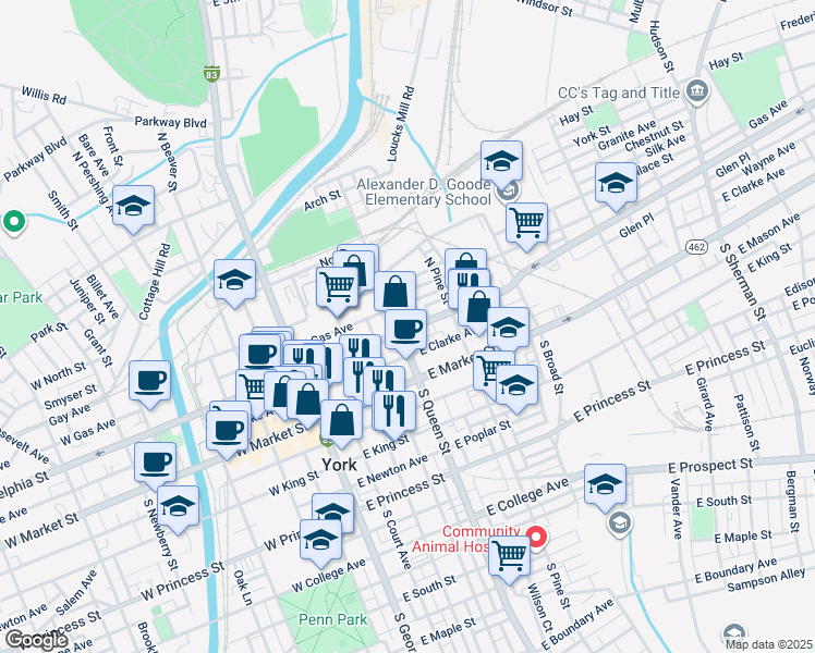 map of restaurants, bars, coffee shops, grocery stores, and more near 207 East Philadelphia Street in York