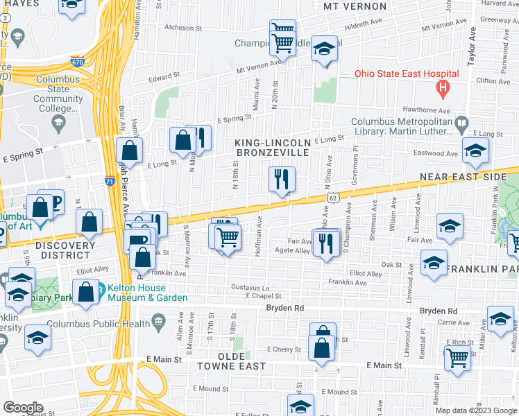 map of restaurants, bars, coffee shops, grocery stores, and more near E Broad St & Hoffman Ave in Columbus