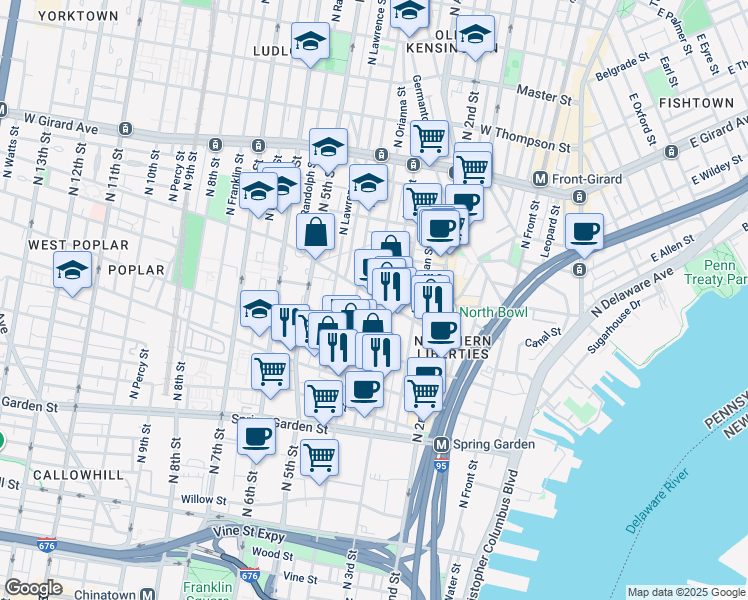 map of restaurants, bars, coffee shops, grocery stores, and more near 322 Poplar Street in Philadelphia