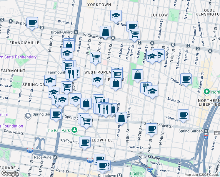 map of restaurants, bars, coffee shops, grocery stores, and more near 1018 Fairmount Avenue in Philadelphia