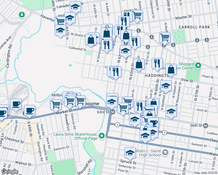 map of restaurants, bars, coffee shops, grocery stores, and more near 6337 Race Street in Philadelphia