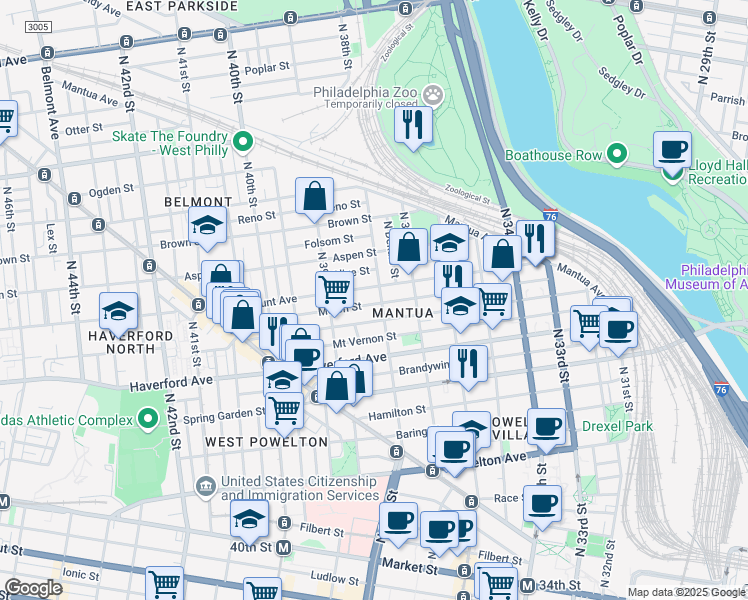 map of restaurants, bars, coffee shops, grocery stores, and more near 3807 Melon Street in Philadelphia